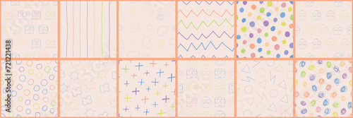 Collection of vector seamless colorful patterns - hand drawn geometric design. Minimalistic children drawing backgrounds. Textile endless cute prints