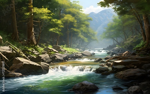 Serene River Flowing Through a Forested Valley Peaceful river flowing through a lush forested valley with sunlight filtering through trees.  © bharath