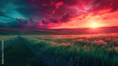 a sunset in green fields captures the essence of nature, intricate landscapes