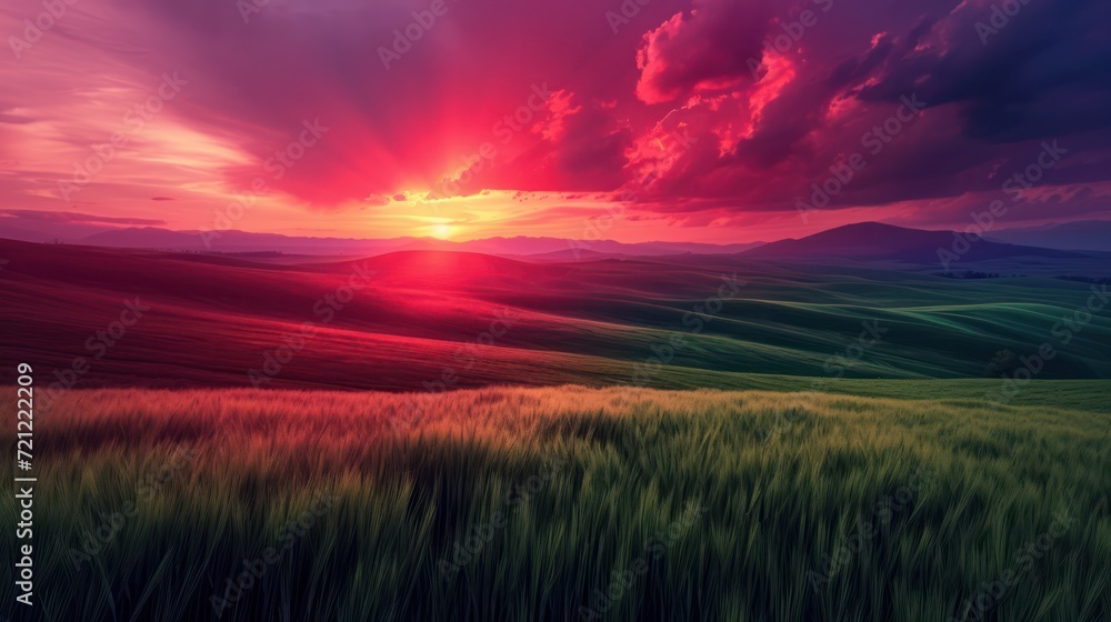a sunset in green fields captures the essence of nature, intricate landscapes a sunset in green fields captures the essence of nature, intricate landscapes