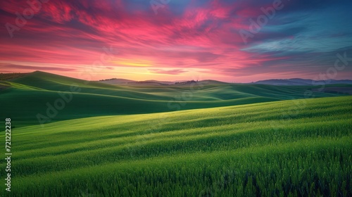 a sunset in green fields captures the essence of nature  intricate landscapes
