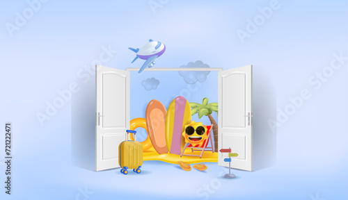 
Welcome. Concepts of summer holidays, open doors, travel, and sea holidays.
Vacation planning. 3d vector illustration.