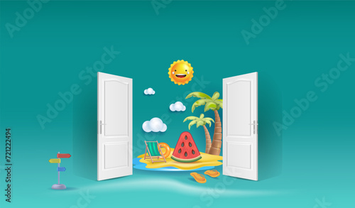 
Welcome. Concepts of summer holidays, open doors, travel, and sea holidays.
Vacation planning. 3d vector illustration.