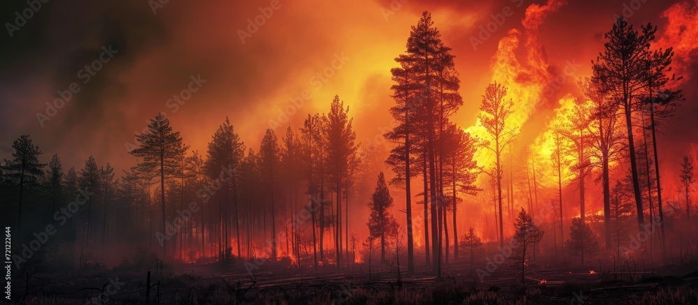 Tree burning in red and orange during a forest wildfire.