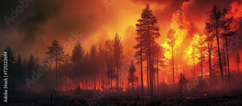 Tree burning in red and orange during a forest wildfire.