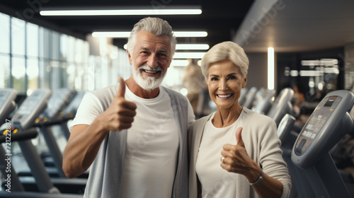 Happy couple of seniors gesturing thumbs up at fitness center.