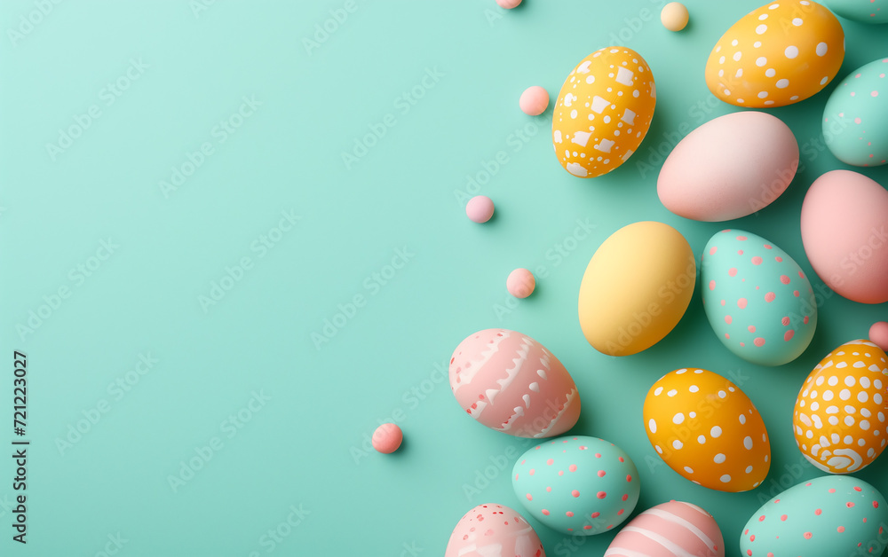 Colorful Easter eggs on pastel green background