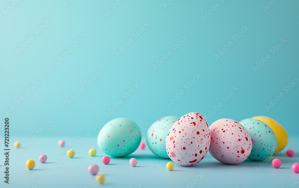 Colorful Easter eggs on pastel green background