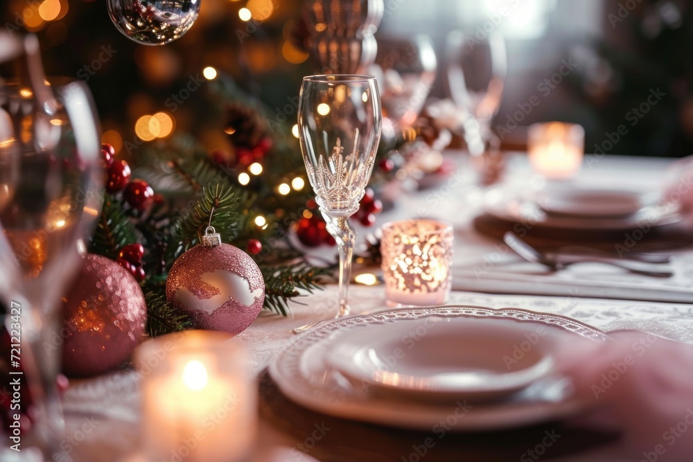 Beautifully decorated Christmas table with with Christmas decorations, plates, candles, glasses. Table served for Christmas New Year dinner, Generative AI