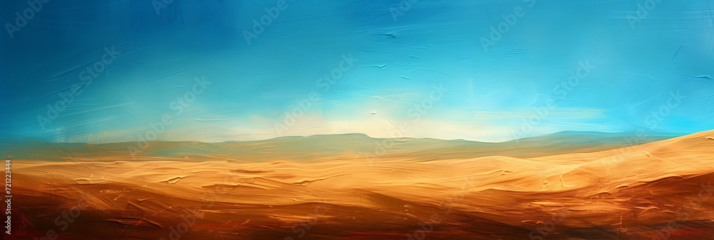 Surreal desert landscape with gradients of warm sand, deep ochre, and azure sky, enhanced by a grainy texture for a mystical touch