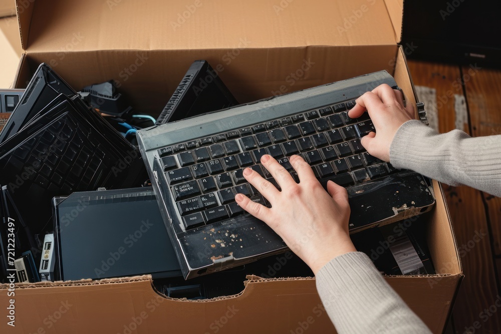 Woman hands put old laptop and keyboard in box with old used computers