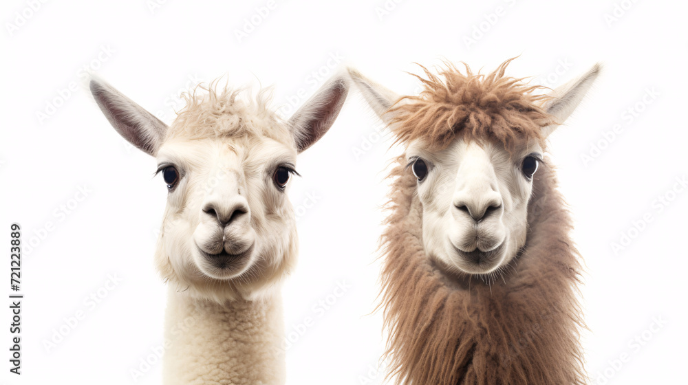 Two alpaca heads isolated on white background. Close up. Two alpaca heads isolated on white background. Close up.