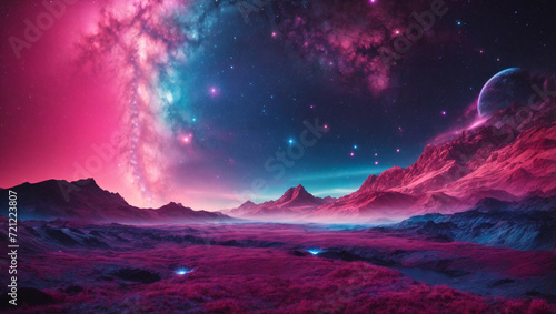 Abstract cosmic landscape with neon pink and electric blue, stars and galaxies, 4K space