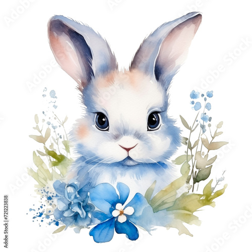 white rabbit with blue flowers © Tatsiana
