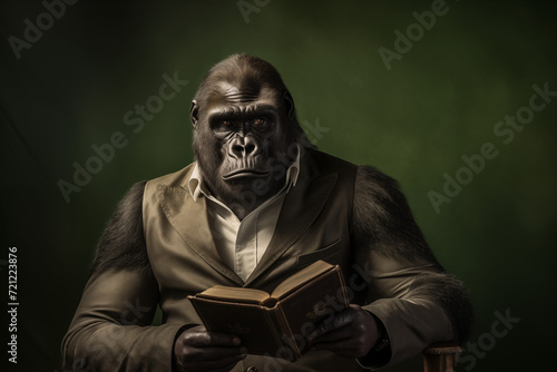 Contemplative Gorilla in Suit Reading a Book