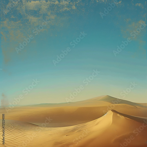 Surreal desert landscape with gradients of warm sand  deep ochre  and azure sky  enhanced by a grainy texture for a mystical touch