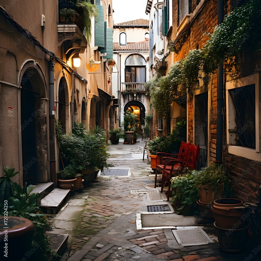 Obraz premium Rustic Italian Alleyway | Narrow cobblestone alley lined with vibrant flowers and greenery in rustic Italian town 