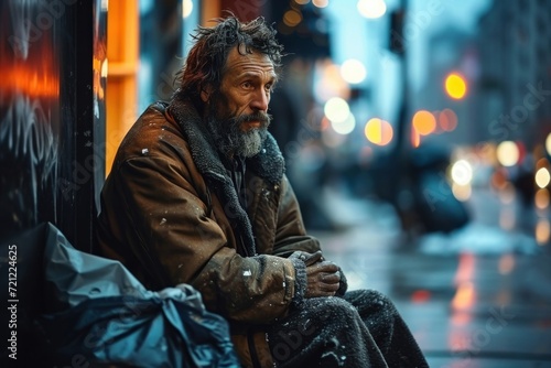 Homeless beggar sitting on sidewalk in the city. Poor, unemployed, homeless man on winter street. Poverty, misery, bankruptcy, financial hardship, problems, crisis, divorce, migration, Generative AI