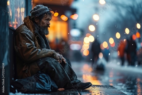 Homeless beggar sitting on sidewalk in the city. Poor, unemployed, homeless man on winter street. Poverty, misery, bankruptcy, financial hardship, problems, crisis, divorce, migration, Generative AI photo