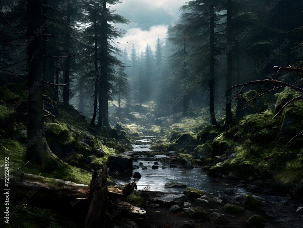 Obraz premium Serene River Flowing Through Pine Forest