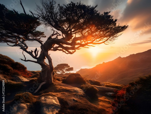 Windswept Tree - Lone tree bent by strong winds against vivid sunset sky