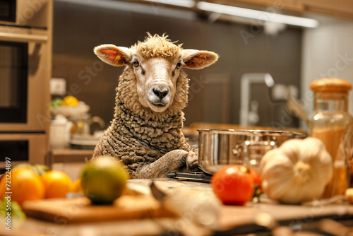 Sheep Cooking in Home Kitchen. Created with Generative AI
