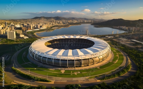 Aerial View of Stadium Surrounded by Cityscape Aerial view showcasing a large, modern stadium, strategically positioned within a vibrant cityscape. 
