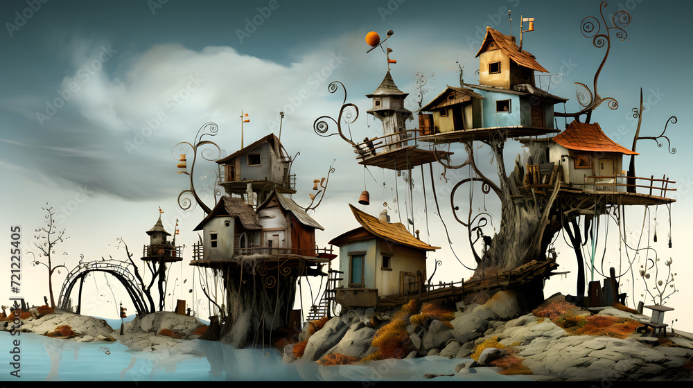 The image depicts a whimsical village of treehouses nestled among the branches of fantastical, twisted trees. The treehouses vary in size and design, with some resembling small cottages 