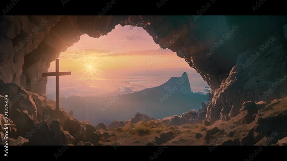 bello fondo artistico con movimiento en zoom de una cueva con una cruz catolica sobre fondo de atardecer espectacular. Concepto celebracion de pascua y Semana Santa