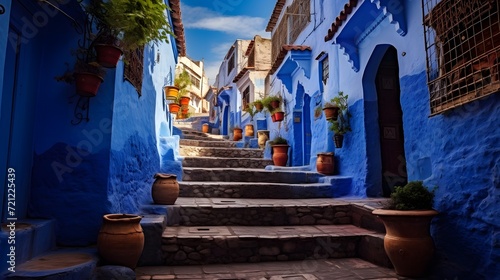 Vibrant Blue Alley in Chefchaouen, Morocco A picturesque alley in Chefchaouen, Morocco, painted in vibrant shades of blue, adorned with colorful flower pots.  © bharath