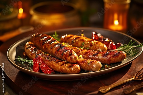 delicious grilled sausages with garlic, chili pepper, fennel