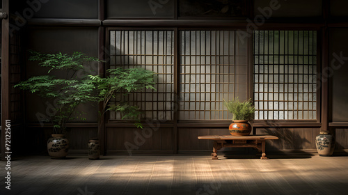 Traditional Japanese Tea Room with Natural Light Tranquil traditional Japanese tea room, illuminated by natural sunlight filtering through shoji screens.
