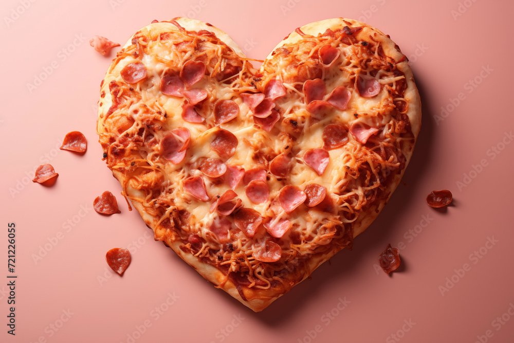 Pizza in the shape of a heart on a pink background. Pizza in the shape of a heart on a pink background.