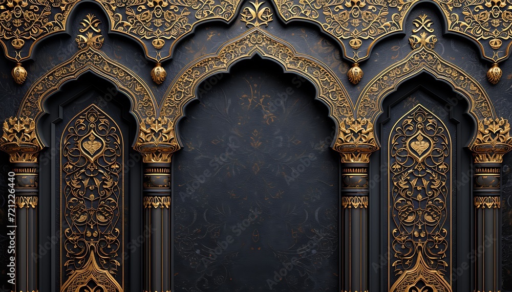 Luxury black background with golden ornament. Islamic background. 3D illustration.