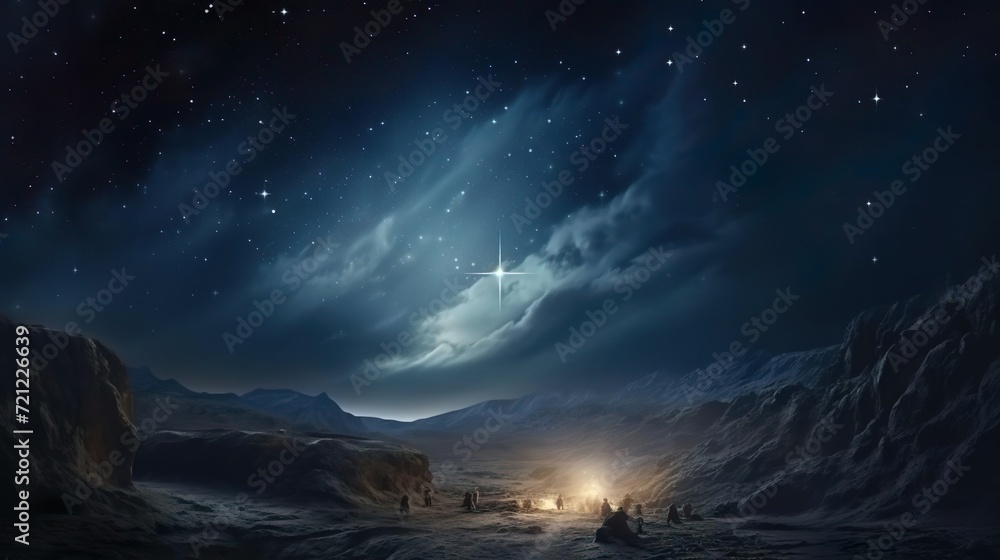 Christmas night. Comet star in night starry sky