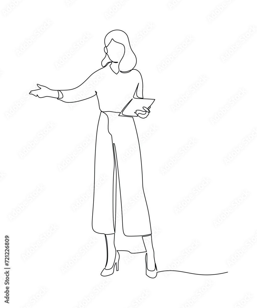 One single line drawing of young happy female business manager holding book and open hand. Job desk checklist concept. Modern continuous line draw graphic design vector illustration