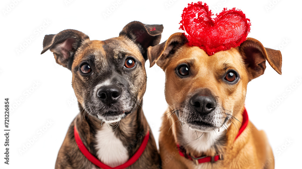 two happy dog present for valentine's day with a red ribbon on head and a heart shape diadem. isolated against white background. generative ai