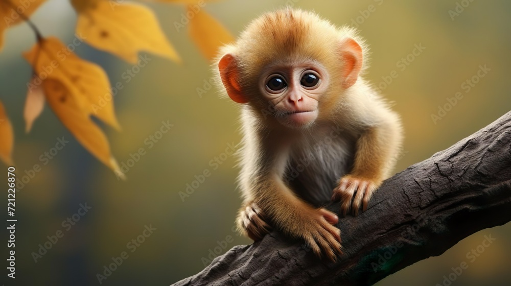 Cute small monkey sitting on branch looking at camera Cute small monkey sitting on branch looking at camera
