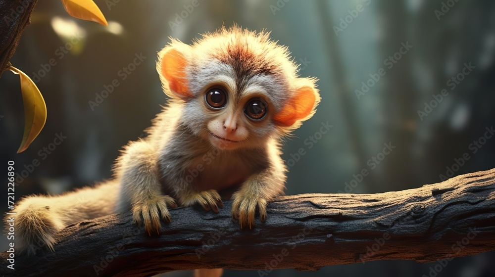 Fototapeta premium Cute small monkey sitting on branch looking at camera