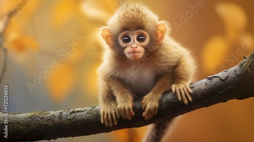 Vászonkép Cute small monkey sitting on branch looking at camera