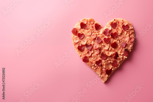 Sweet pizza in the shape of a heart on a pink background. Copy space.