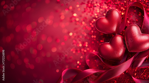 Valentines Day Ribbon Shaped Hearts On Red Shiny Background . generative ai