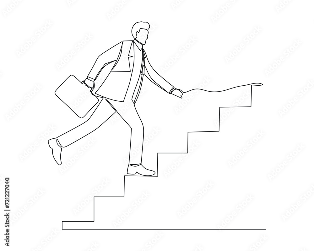 Continuous one line drawing businessman with arrow is running towards his goal, motivation is advancing, path to achieving goal is high, through stairs, steps of achievement. Single line design vector Continuous one line drawing businessman with arrow is running towards his goal, motivation is advancing, path to achieving goal is high, through stairs, steps of achievement. Single line design vector