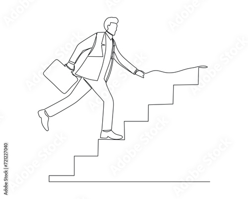 Continuous one line drawing businessman with arrow is running towards his goal, motivation is advancing, path to achieving goal is high, through stairs, steps of achievement. Single line design vector