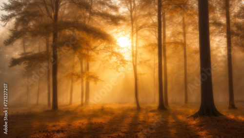 Golden and amber sunrise over a misty forest, sun rays breaking through trees, 4K morning