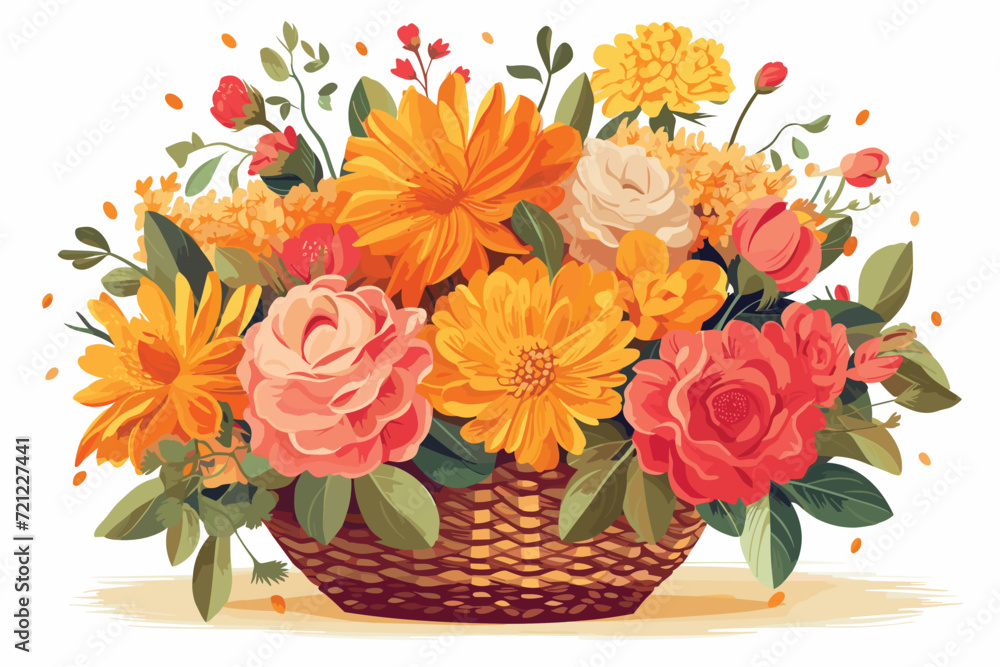 Obraz premium Bright flower bouquet in basket isolated owner white background.