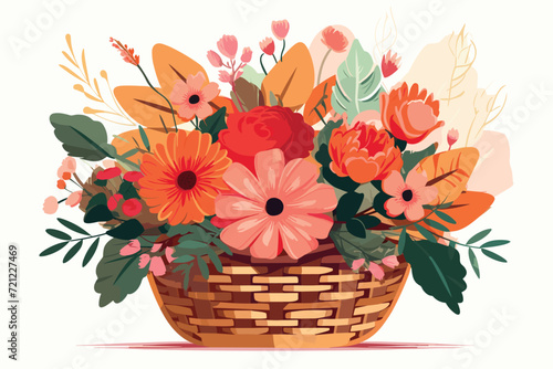 Bright flower bouquet in basket isolated owner white background.
