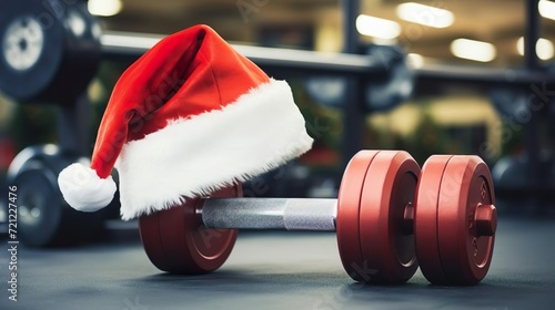 Father Christmas hat on a gym dumbbell weight