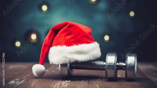 Father Christmas hat on a gym dumbbell weight