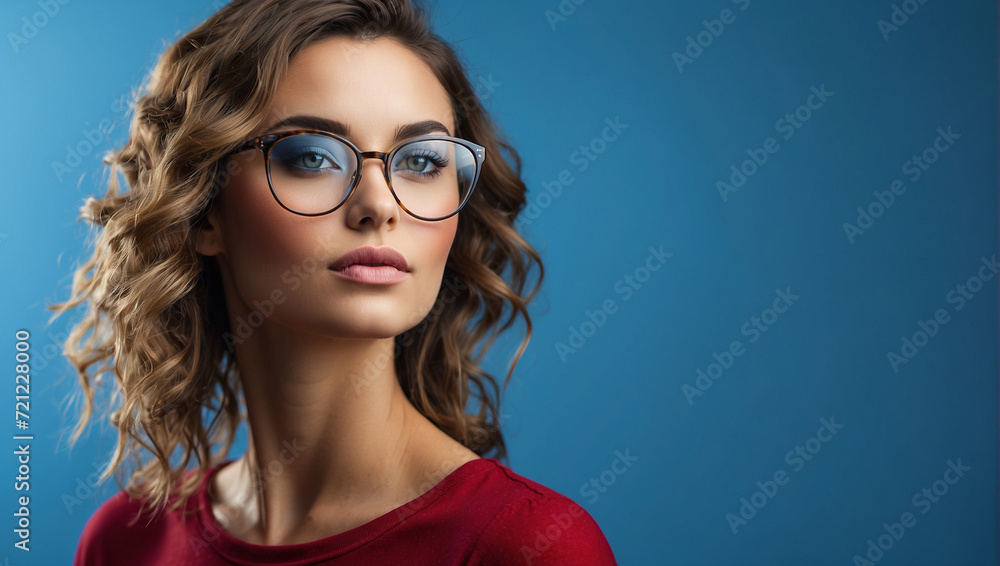 close up woman wearing glasses isolated on bright blue background